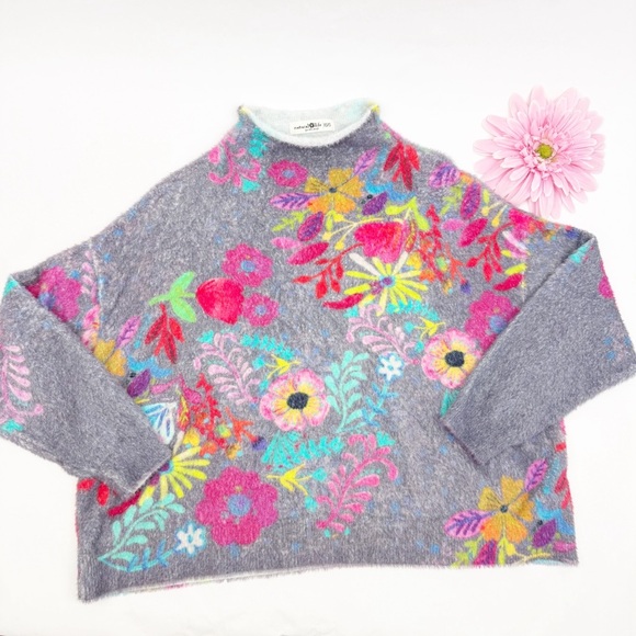 Natural Life Cashmere-Like Mock Neck Sweater: Charcoal Pink Poppy Floral Boho - Picture 2 of 11